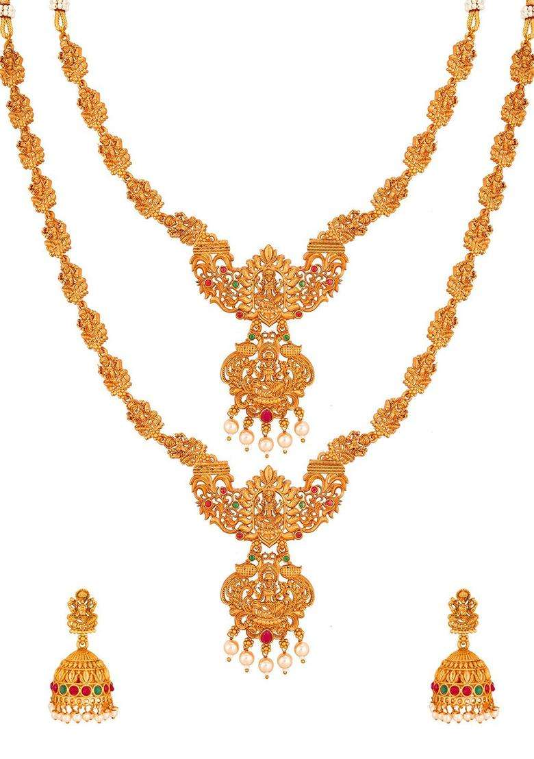 Gold-Plated Pink & Green Stone-Studded & Pearl Beaded Temple Jewellery Set for Women | Traditional Temple Jewellery for Wedding & Festive Wear | Gift for Her - Indya