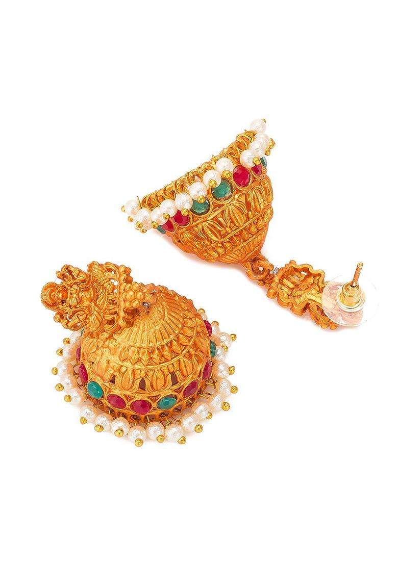Gold-Plated Pink & Green Stone-Studded & Pearl Beaded Temple Jewellery Set for Women | Traditional Temple Jewellery for Wedding & Festive Wear | Gift for Her - Indya