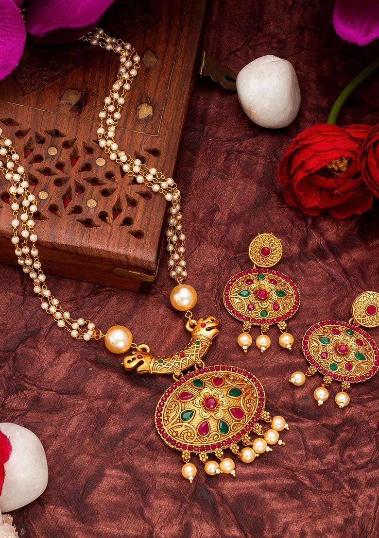 Gold-Plated Pink & Green Stone-Studded Pearls Beaded Temple Jewellery Set for Women | Traditional Temple Jewellery for Wedding & Festive Wear | Gift for Her - Indya
