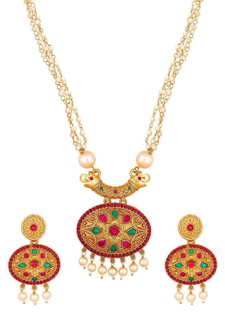 Gold-Plated Pink & Green Stone-Studded Pearls Beaded Temple Jewellery Set for Women | Traditional Temple Jewellery for Wedding & Festive Wear | Gift for Her - Indya