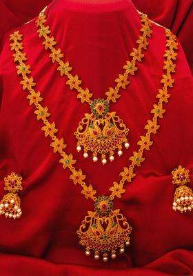 Gold-Plated Pink & Green Stone-Studded & Pearl Beaded Temple Jewellery Set for Women | Traditional Temple Jewellery for Wedding & Festive Wear | Gift for Her