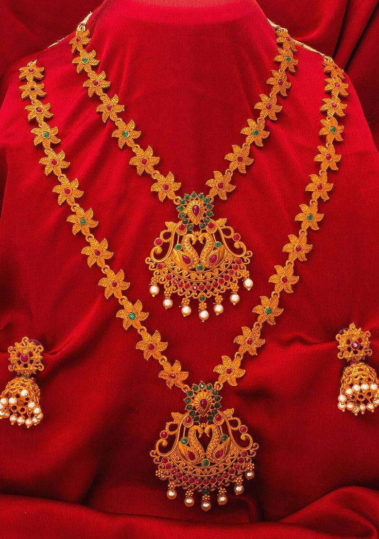 Gold-Plated Pink & Green Stone-Studded & Pearl Beaded Temple Jewellery Set for Women | Traditional Temple Jewellery for Wedding & Festive Wear | Gift for Her - Indya
