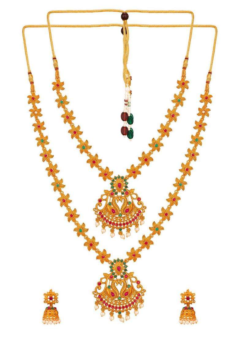 Gold-Plated Pink & Green Stone-Studded & Pearl Beaded Temple Jewellery Set for Women | Traditional Temple Jewellery for Wedding & Festive Wear | Gift for Her - Indya