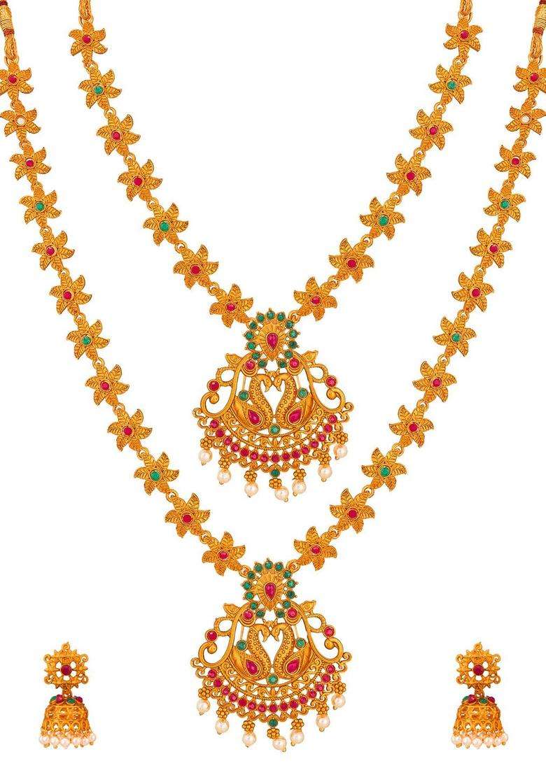 Gold-Plated Pink & Green Stone-Studded & Pearl Beaded Temple Jewellery Set for Women | Traditional Temple Jewellery for Wedding & Festive Wear | Gift for Her - Indya