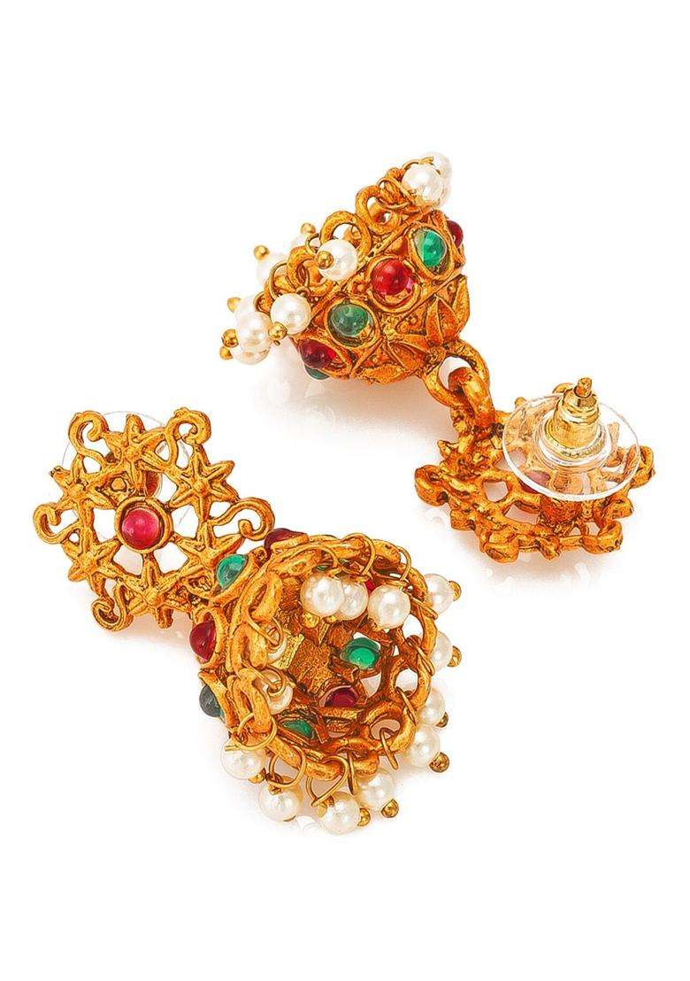 Gold-Plated Pink & Green Stone-Studded & Pearl Beaded Temple Jewellery Set for Women | Traditional Temple Jewellery for Wedding & Festive Wear | Gift for Her - Indya