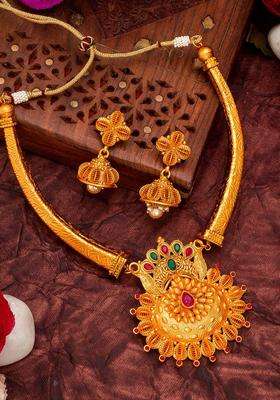 Gold-Plated Red & Green Stone-Studded Pearls Beaded Temple Jewellery Set for Women | Traditional Temple Jewellery for Wedding & Festive Wear | Gift for Her