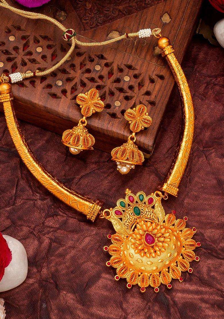 Gold-Plated Red & Green Stone-Studded Pearls Beaded Temple Jewellery Set for Women | Traditional Temple Jewellery for Wedding & Festive Wear | Gift for Her - Indya