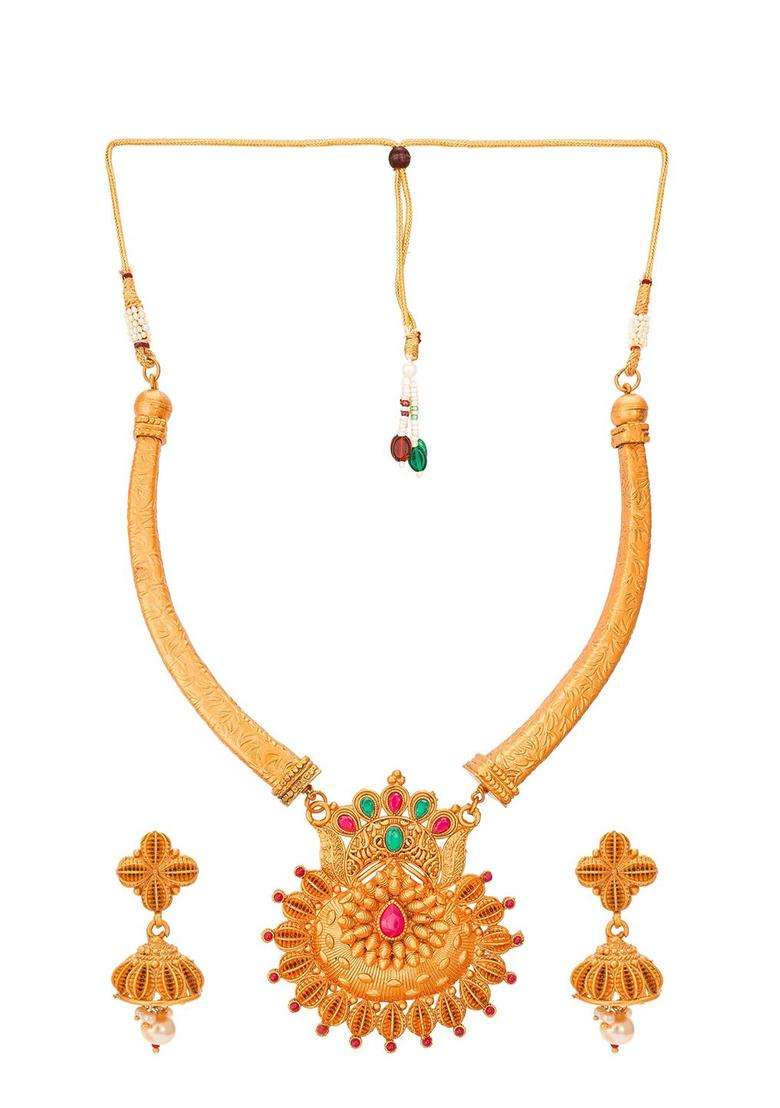 Gold-Plated Red & Green Stone-Studded Pearls Beaded Temple Jewellery Set for Women | Traditional Temple Jewellery for Wedding & Festive Wear | Gift for Her - Indya