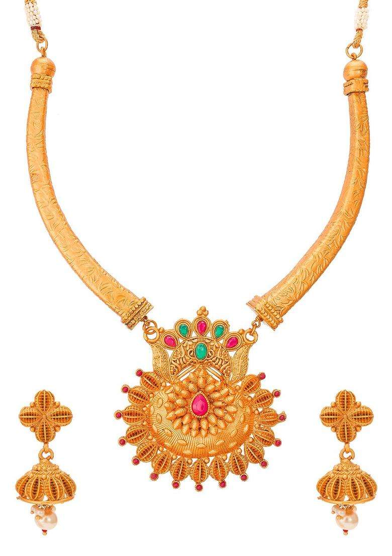 Gold-Plated Red & Green Stone-Studded Pearls Beaded Temple Jewellery Set for Women | Traditional Temple Jewellery for Wedding & Festive Wear | Gift for Her - Indya