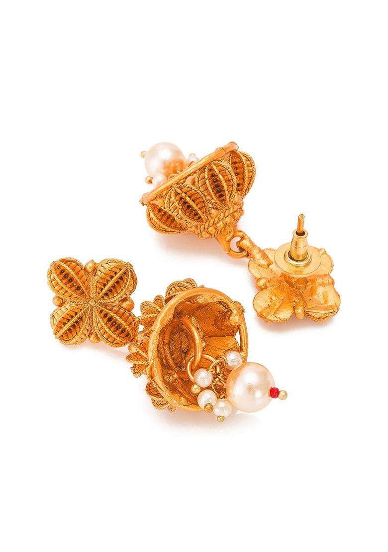 Gold-Plated Red & Green Stone-Studded Pearls Beaded Temple Jewellery Set for Women | Traditional Temple Jewellery for Wedding & Festive Wear | Gift for Her - Indya