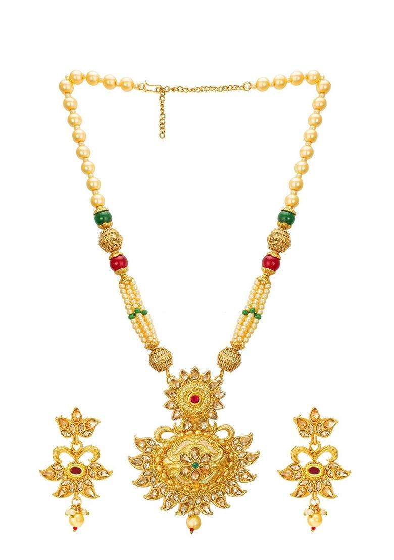 Gold-Plated Red & Green Stone-Studded Pearls Beaded Temple Jewellery Set for Women | Traditional Temple Jewellery for Wedding & Festive Wear | Gift for Her - Indya