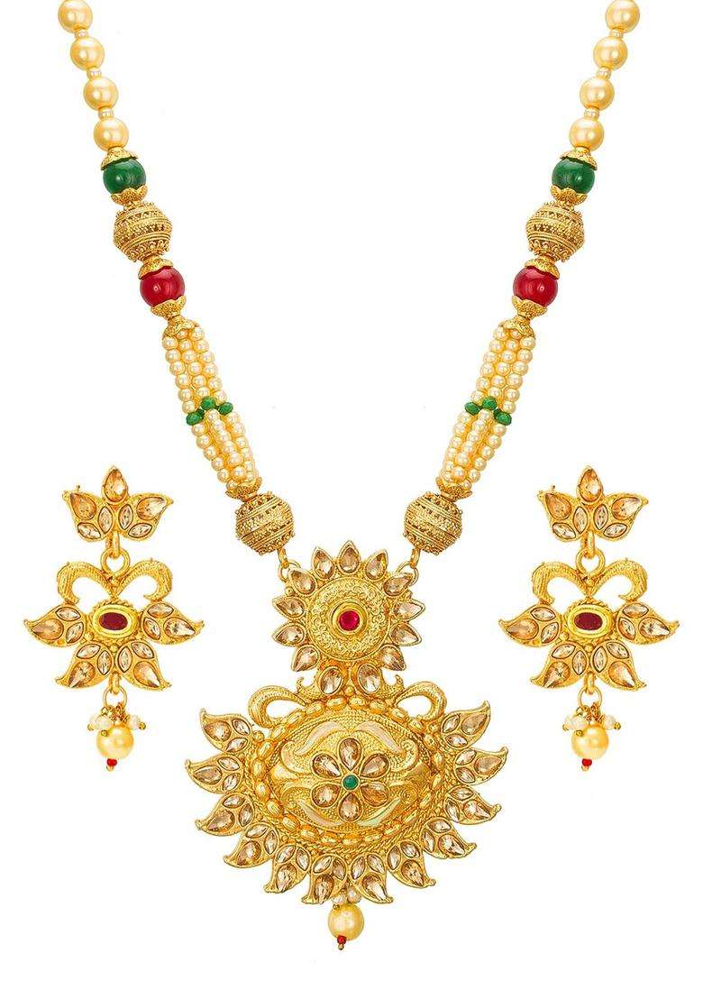 Gold-Plated Red & Green Stone-Studded Pearls Beaded Temple Jewellery Set for Women | Traditional Temple Jewellery for Wedding & Festive Wear | Gift for Her - Indya