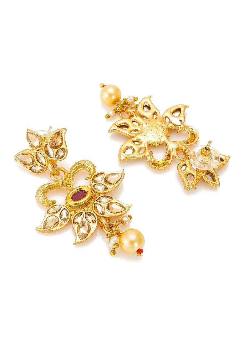 Gold-Plated Red & Green Stone-Studded Pearls Beaded Temple Jewellery Set for Women | Traditional Temple Jewellery for Wedding & Festive Wear | Gift for Her - Indya