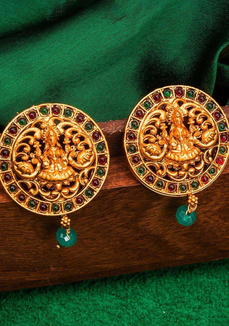 Gold-Toned & Red Circular Goddess Lakshami Designed Temple Drop Earrings with Pearl for Women | Traditional Temple Jewellery for Wedding & Festive Wear | Gift for Her - Indya
