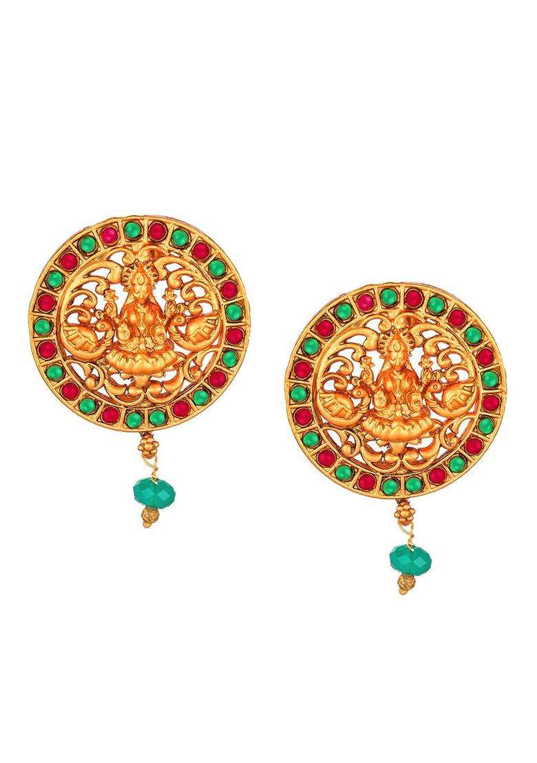 Gold-Toned & Red Circular Goddess Lakshami Designed Temple Drop Earrings with Pearl for Women | Traditional Temple Jewellery for Wedding & Festive Wear | Gift for Her - Indya