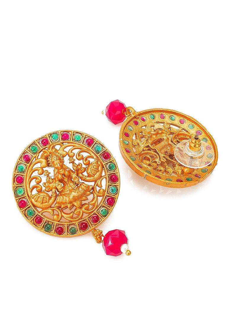 Gold-Toned & Red Circular Goddess Lakshami Designed Temple Drop Earrings with Pearl for Women | Traditional Temple Jewellery for Wedding & Festive Wear | Gift for Her - Indya