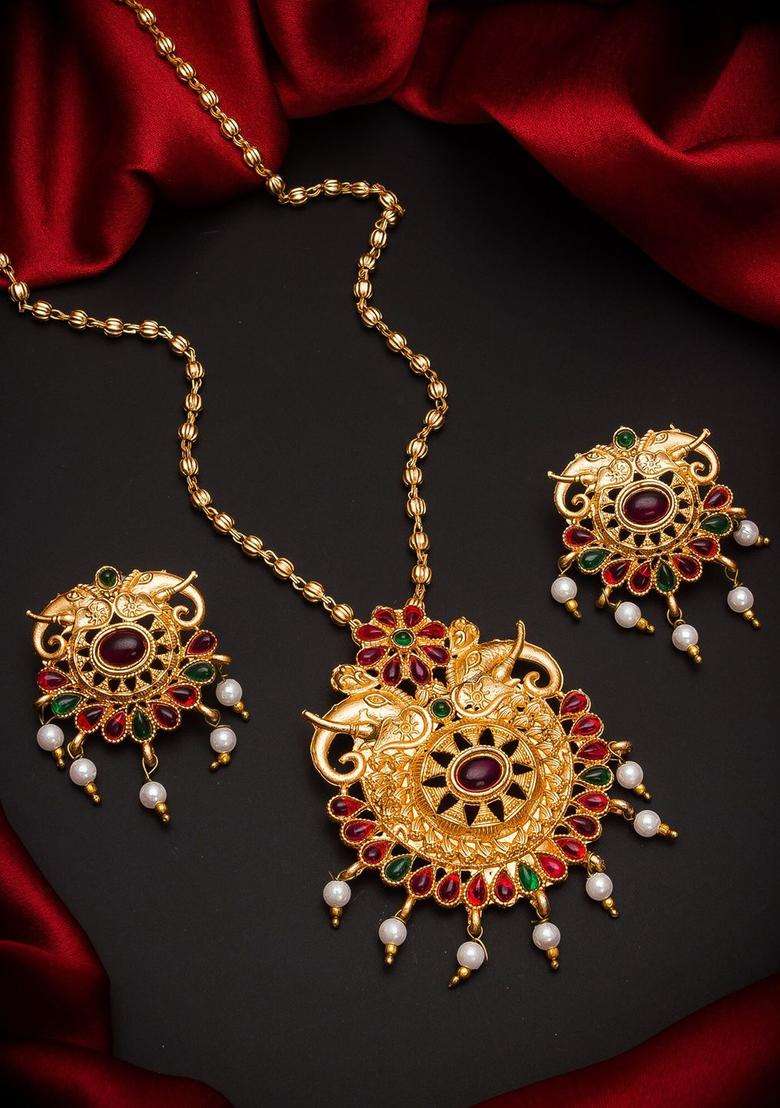 Gold-Plated Magenta-Pink & White Pearl-Beaded & Stone-Studded Temple Jewellery Set for Women | Traditional Temple Jewellery for Wedding & Festive Wear | Gift for Her - Indya