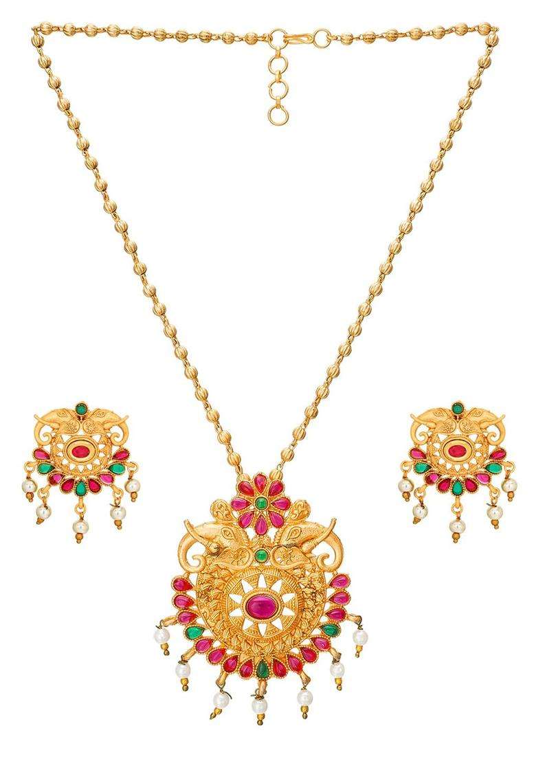 Gold-Plated Magenta-Pink & White Pearl-Beaded & Stone-Studded Temple Jewellery Set for Women | Traditional Temple Jewellery for Wedding & Festive Wear | Gift for Her - Indya