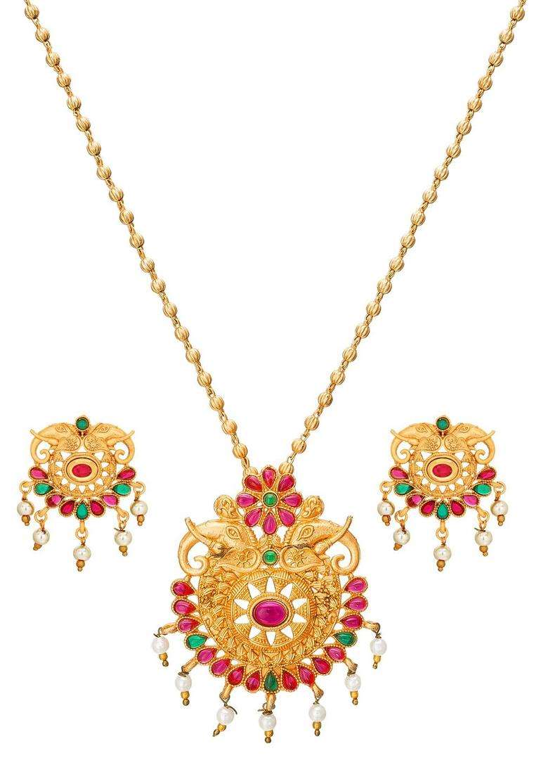 Gold-Plated Magenta-Pink & White Pearl-Beaded & Stone-Studded Temple Jewellery Set for Women | Traditional Temple Jewellery for Wedding & Festive Wear | Gift for Her - Indya