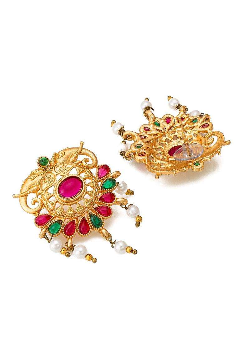 Gold-Plated Magenta-Pink & White Pearl-Beaded & Stone-Studded Temple Jewellery Set for Women | Traditional Temple Jewellery for Wedding & Festive Wear | Gift for Her - Indya