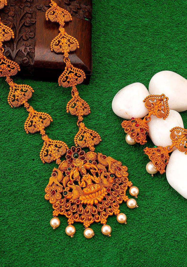 Gold-Plated White & Green Stone-Studded & Pearl Beaded Jewellery Set for Women | Traditional Temple Jewellery for Wedding & Festive Wear | Gift for Her - Indya
