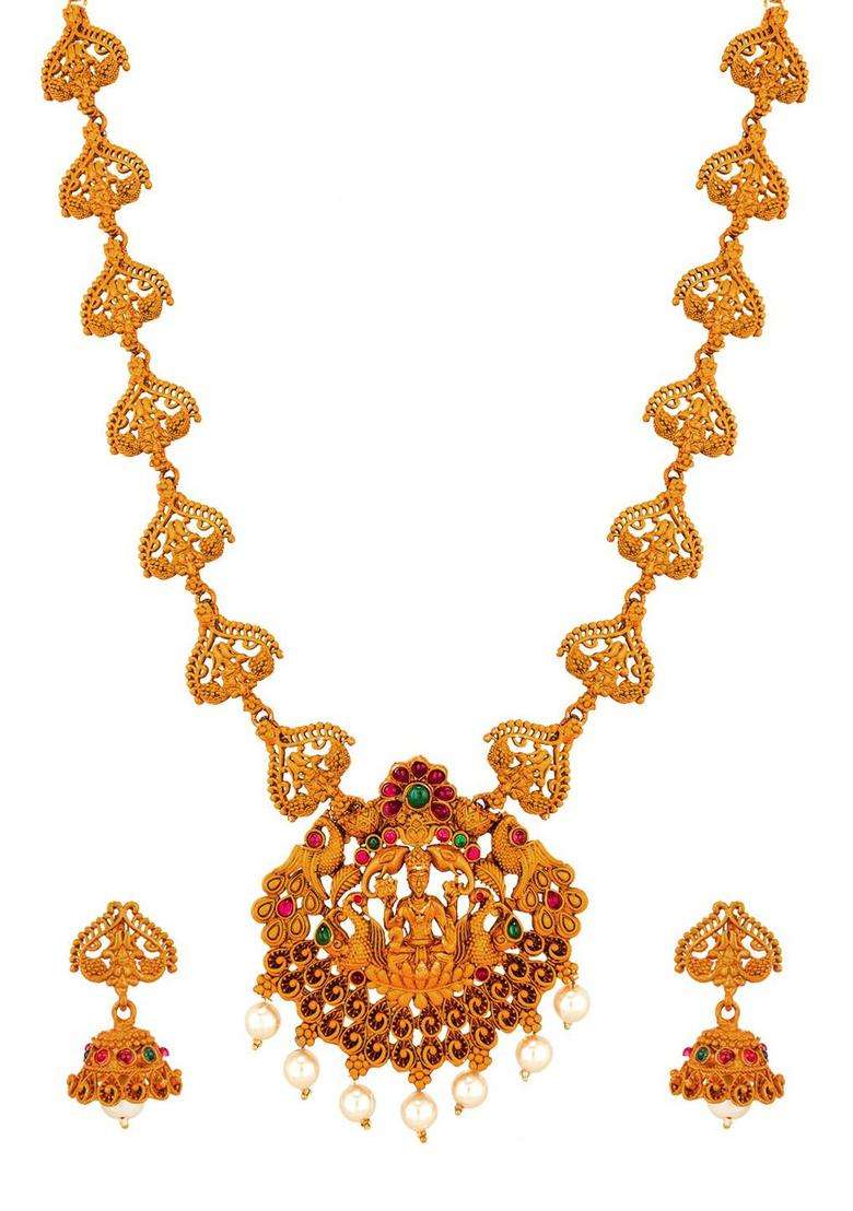 Gold-Plated White & Green Stone-Studded & Pearl Beaded Jewellery Set for Women | Traditional Temple Jewellery for Wedding & Festive Wear | Gift for Her - Indya
