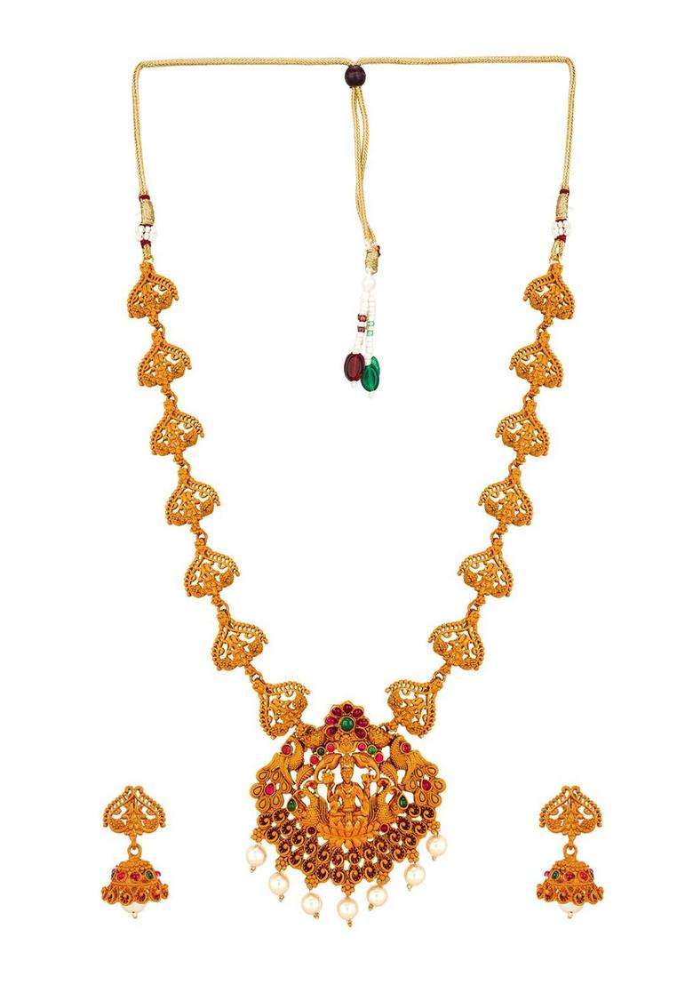 Gold-Plated White & Green Stone-Studded & Pearl Beaded Jewellery Set for Women | Traditional Temple Jewellery for Wedding & Festive Wear | Gift for Her - Indya