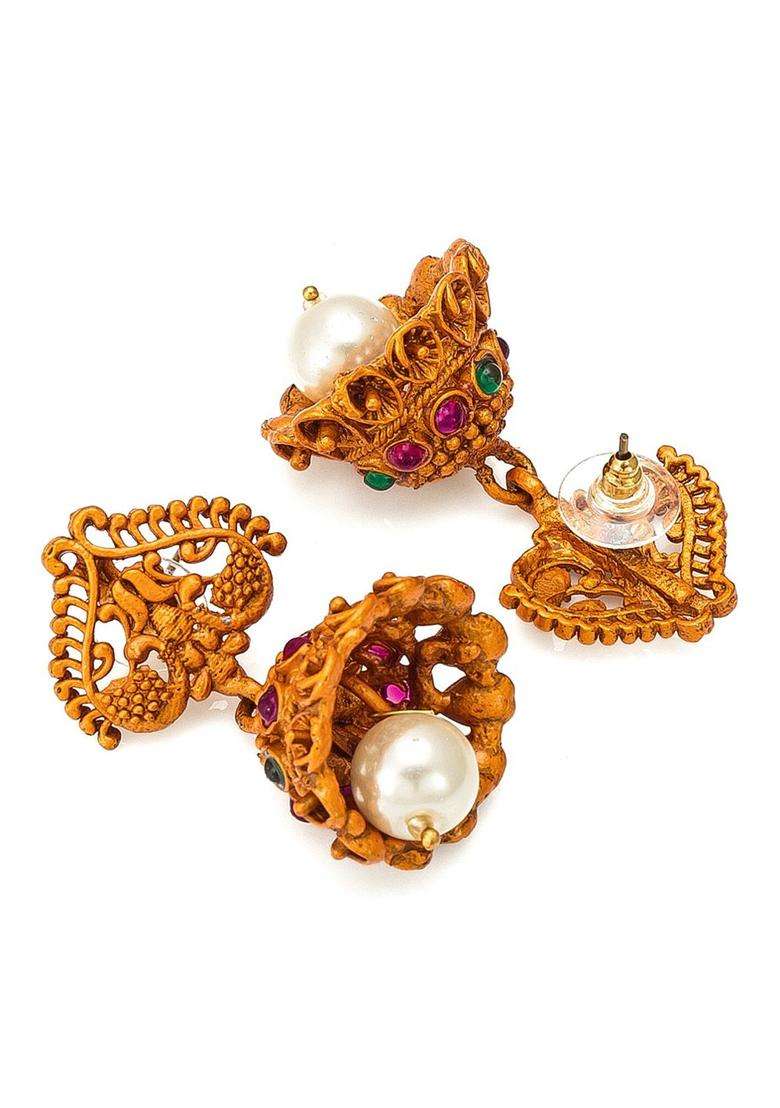 Gold-Plated White & Green Stone-Studded & Pearl Beaded Jewellery Set for Women | Traditional Temple Jewellery for Wedding & Festive Wear | Gift for Her - Indya
