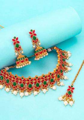 Gold-Plated Red & Green Stone-Studded & White Beaded Temple Jewellery Set for Women | Traditional Temple Jewellery for Wedding & Festive Wear | Gift for Her