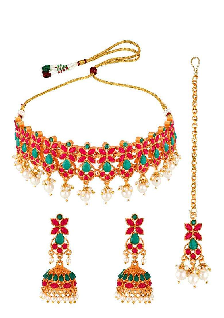 Gold-Plated Red & Green Stone-Studded & White Beaded Temple Jewellery Set for Women | Traditional Temple Jewellery for Wedding & Festive Wear | Gift for Her - Indya