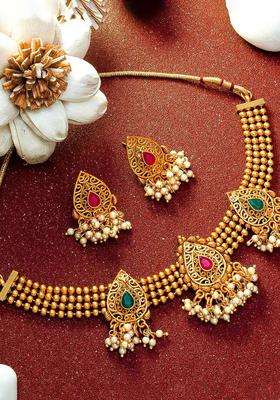 Gold-Plated Green & Pink Stone-Studded Beaded Choker Jewellery Set for Women | Traditional Temple Jewellery for Wedding & Festive Wear | Gift for Her