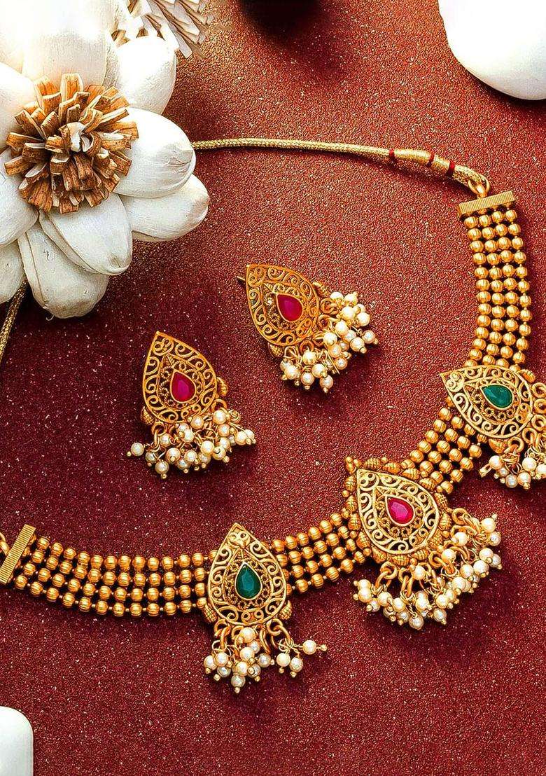 Gold-Plated Green & Pink Stone-Studded Beaded Choker Jewellery Set for Women | Traditional Temple Jewellery for Wedding & Festive Wear | Gift for Her - Indya