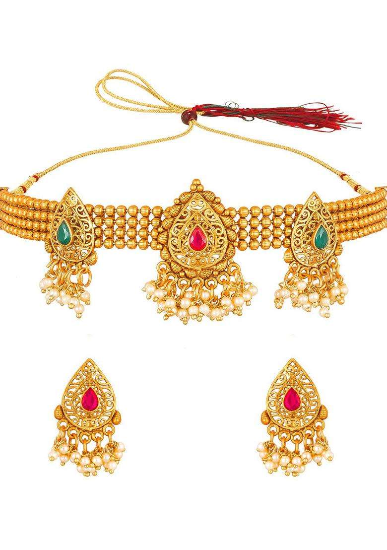 Gold-Plated Green & Pink Stone-Studded Beaded Choker Jewellery Set for Women | Traditional Temple Jewellery for Wedding & Festive Wear | Gift for Her - Indya