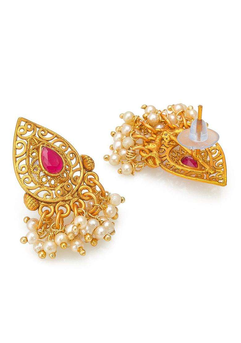 Gold-Plated Green & Pink Stone-Studded Beaded Choker Jewellery Set for Women | Traditional Temple Jewellery for Wedding & Festive Wear | Gift for Her - Indya