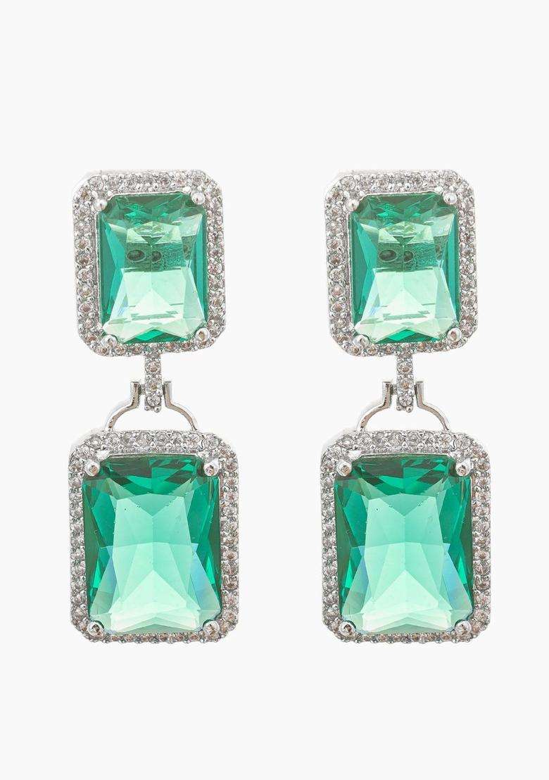 Silver-Plated Geometric Drop Earrings with American Diamond for Women | Stylish Party & Everyday Wear | Gift for Her - Indya