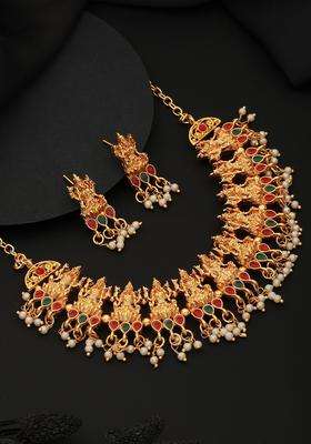 Gold-Plated Stone Studded & Pearls Beaded Necklace and Earrings with CZ Stone for Women | Traditional Temple Jewellery for Wedding & Festive Wear | Gift for Her