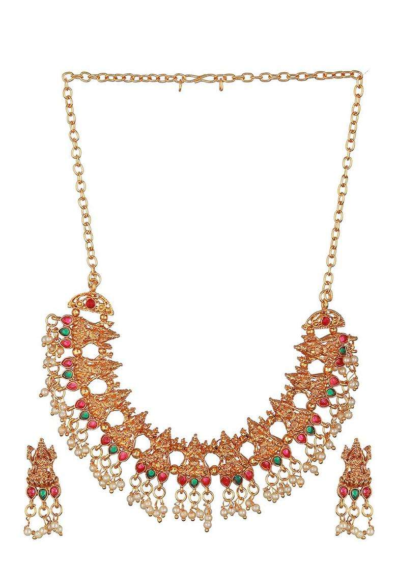 Gold-Plated Stone Studded & Pearls Beaded Necklace and Earrings with CZ Stone for Women | Traditional Temple Jewellery for Wedding & Festive Wear | Gift for Her - Indya