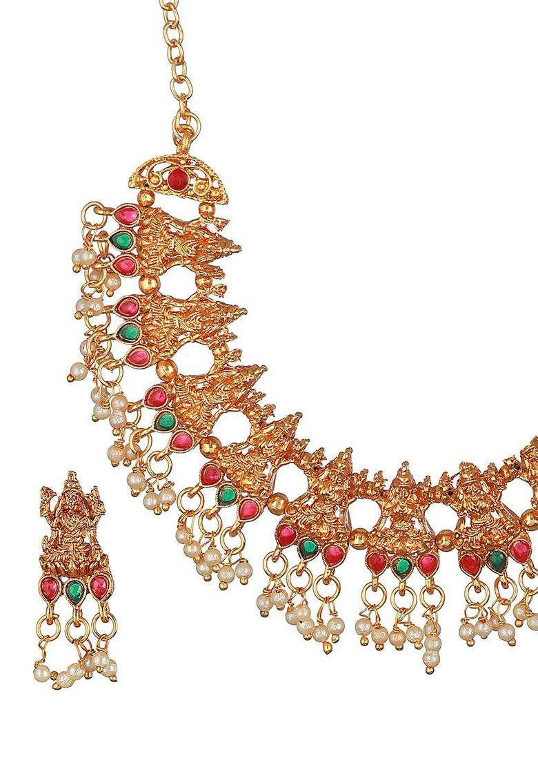 Gold-Plated Stone Studded & Pearls Beaded Necklace and Earrings with CZ Stone for Women | Traditional Temple Jewellery for Wedding & Festive Wear | Gift for Her - Indya