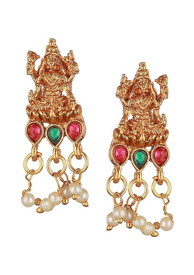 Gold-Plated Stone Studded & Pearls Beaded Necklace and Earrings with CZ Stone for Women | Traditional Temple Jewellery for Wedding & Festive Wear | Gift for Her - Indya