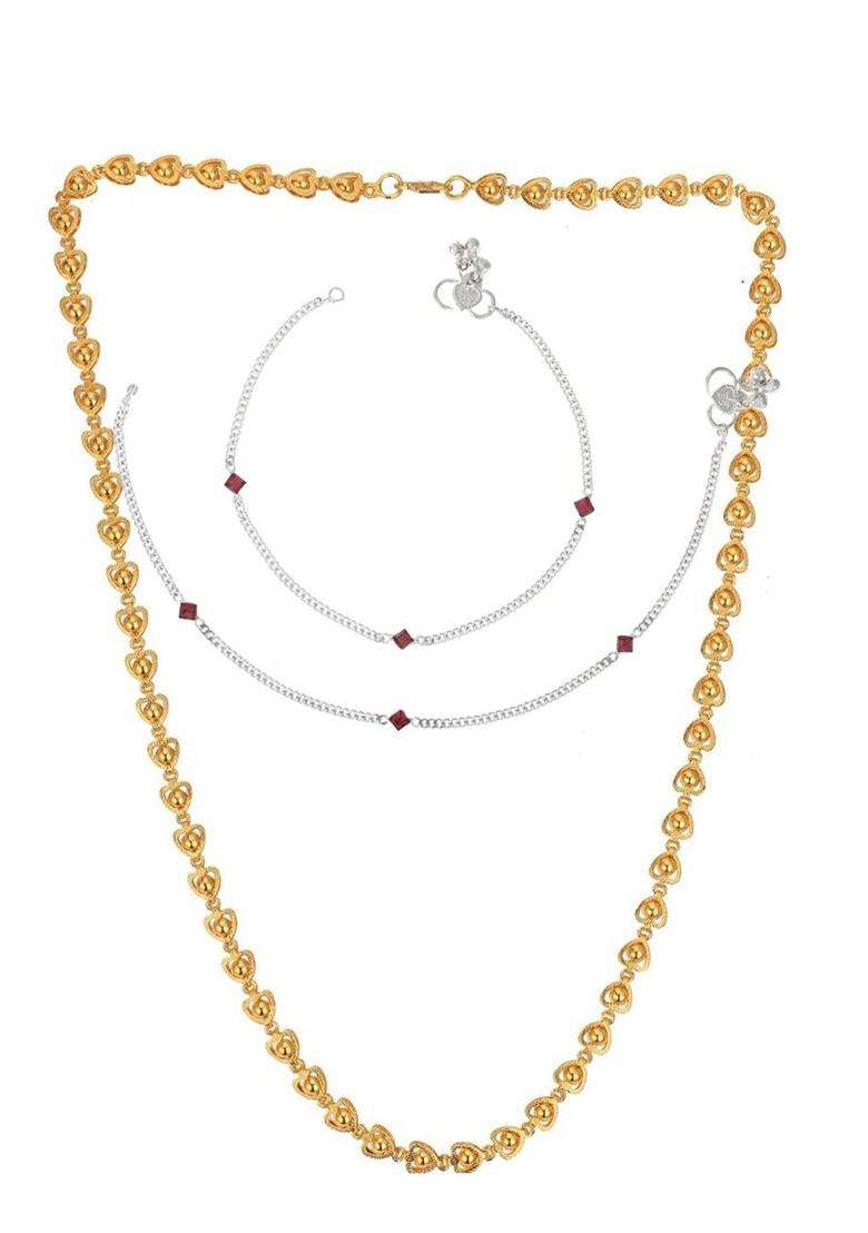 Silver-Plated Beaded Anklets with Gold-Plated Chain Jewellery Set for Women | Traditional Temple Jewellery for Wedding & Festive Wear | Gift for Her - Indya