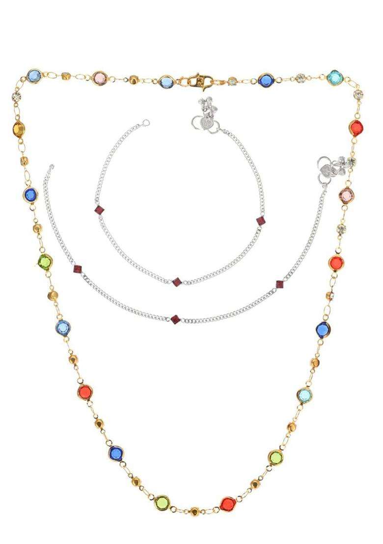 Set of 2 Silver-Plated Beaded Anklets with Gold-Plated Chain for Women | Traditional Temple Jewellery for Wedding & Festive Wear | Gift for Her - Indya