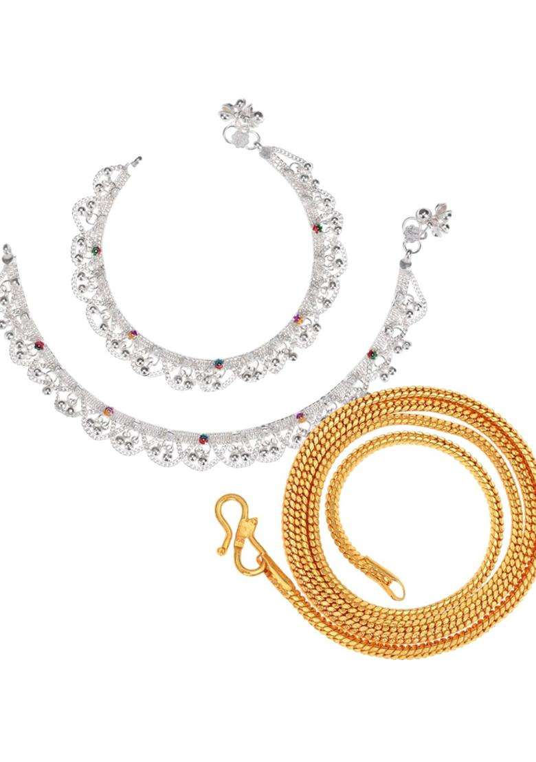 Silver-Plated Beaded Anklets with Gold-Plated Chain for Women | Traditional Temple Jewellery for Wedding & Festive Wear | Gift for Her - Indya