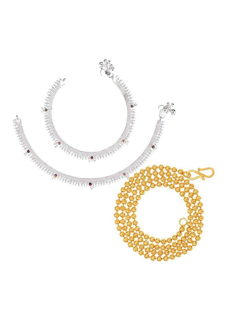 Set of 2 Silver-Plated Beaded Anklets with Gold-Plated Chain for Women | Traditional Temple Jewellery for Wedding & Festive Wear | Gift for Her - Indya
