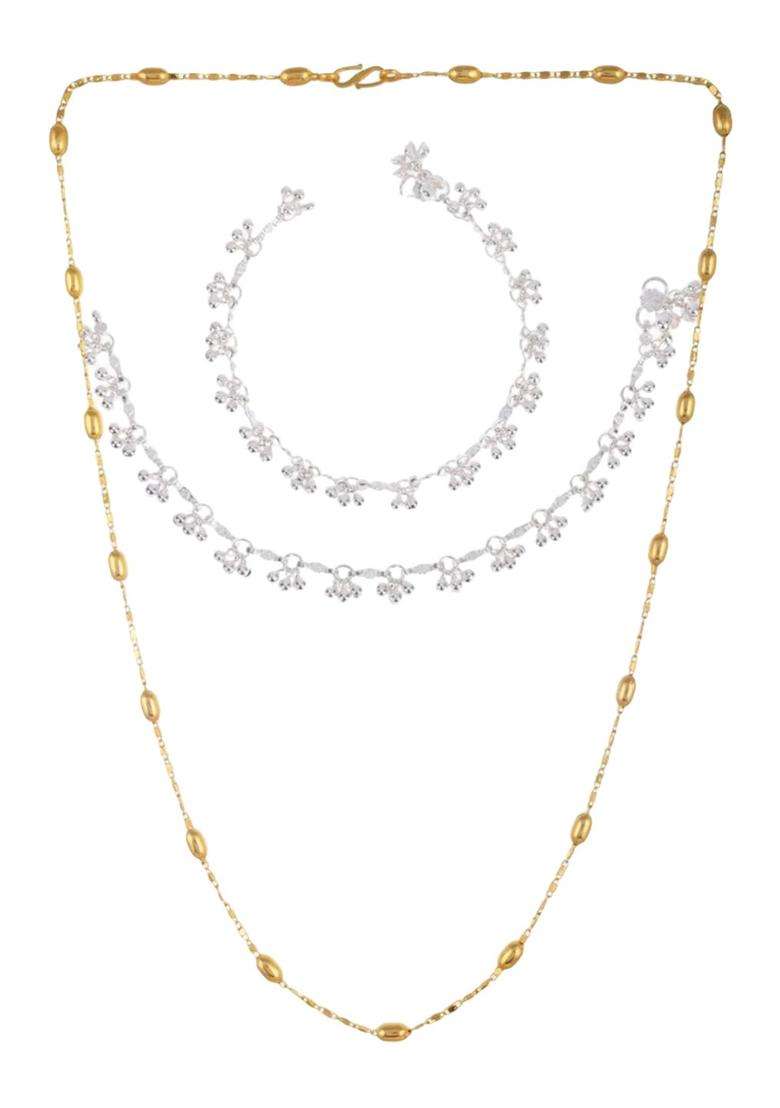 Silver-Plated Anklets with Gold-Plated Chain for Women | Traditional Temple Jewellery for Wedding & Festive Wear | Gift for Her - Indya
