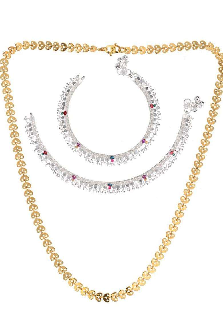 Silver-Plated Beaded Anklets with Gold-Plated Chain Jewellery Set for Women | Traditional Temple Jewellery for Wedding & Festive Wear | Gift for Her - Indya