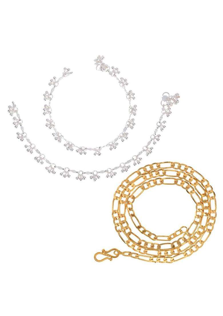 Set of 2 Silver-Plated Anklets with Gold-Plated Chain for Women | Traditional Temple Jewellery for Wedding & Festive Wear | Gift for Her - Indya