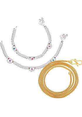 Silver-Plated Beaded Anklets with Gold-Plated Chain Jewellery Set for Women | Traditional Temple Jewellery for Wedding & Festive Wear | Gift for Her