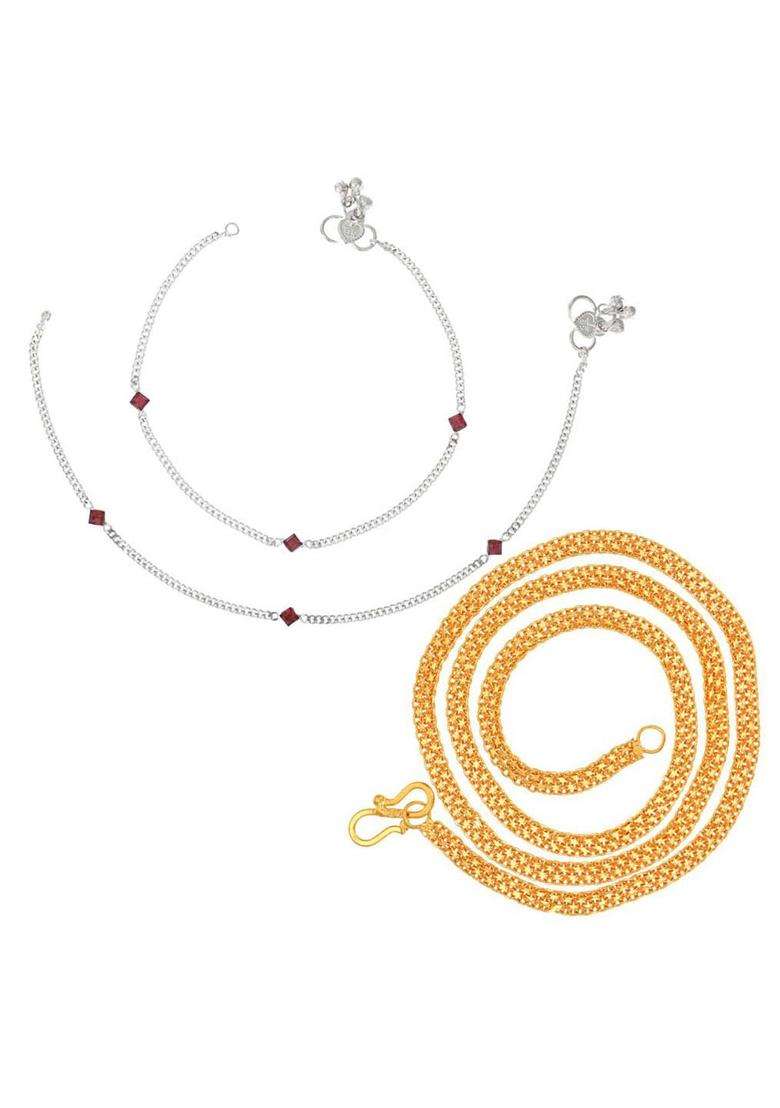 Set of 2 Silver-Plated Beaded Anklets with Gold-Plated Chain for Women | Traditional Temple Jewellery for Wedding & Festive Wear | Gift for Her - Indya