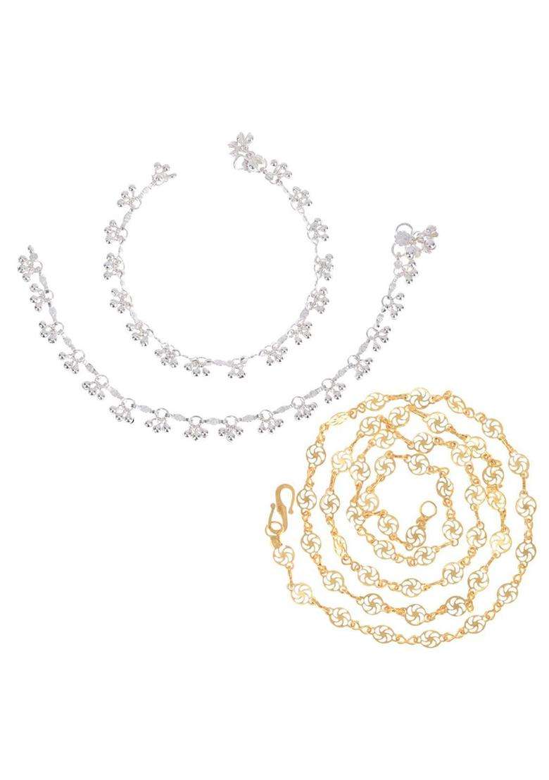 Gold-Plated Chain & Silver-Plated Anklets Jewellery Set for Women | Traditional Temple Jewellery for Wedding & Festive Wear | Gift for Her - Indya