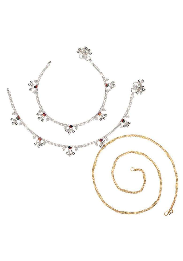 Set of 2 Silver-Plated Beaded Anklets with Gold-Plated Chain Jewellery Set for Women | Traditional Temple Jewellery for Wedding & Festive Wear | Gift for Her - Indya